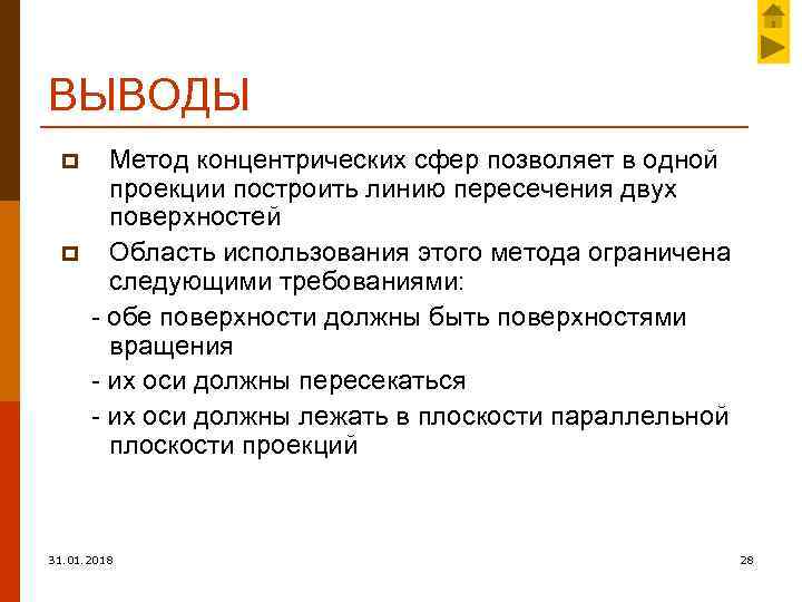 ВЫВОДЫ p p Метод концентрических сфер позволяет в одной проекции построить линию пересечения двух