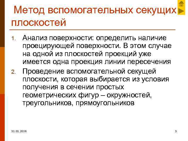 Метод вспомогательных секущих плоскостей 1. 2. Анализ поверхности: определить наличие проецирующей поверхности. В этом
