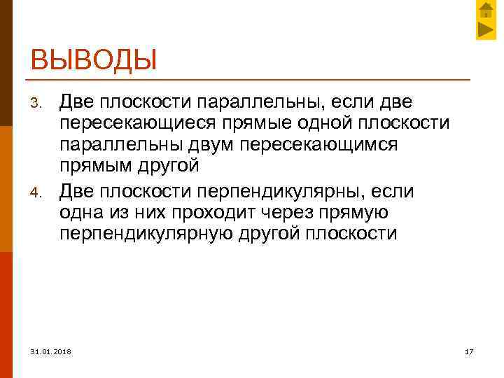 ВЫВОДЫ 3. 4. Две плоскости параллельны, если две пересекающиеся прямые одной плоскости параллельны двум