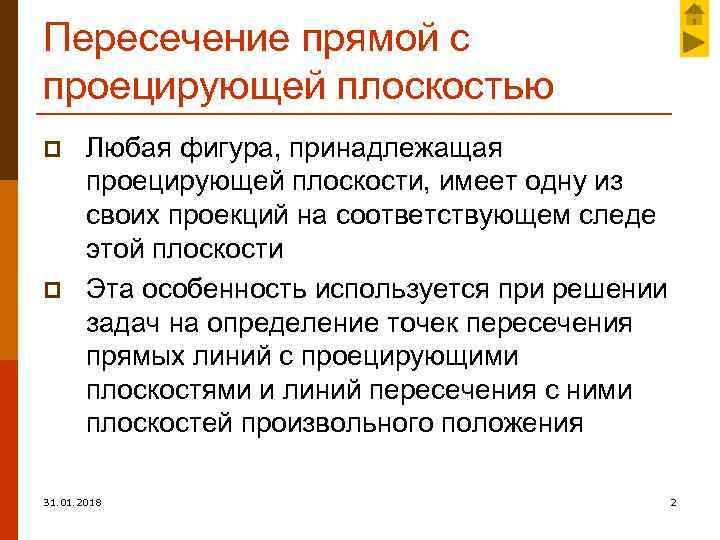 Пересечение прямой с проецирующей плоскостью p p Любая фигура, принадлежащая проецирующей плоскости, имеет одну