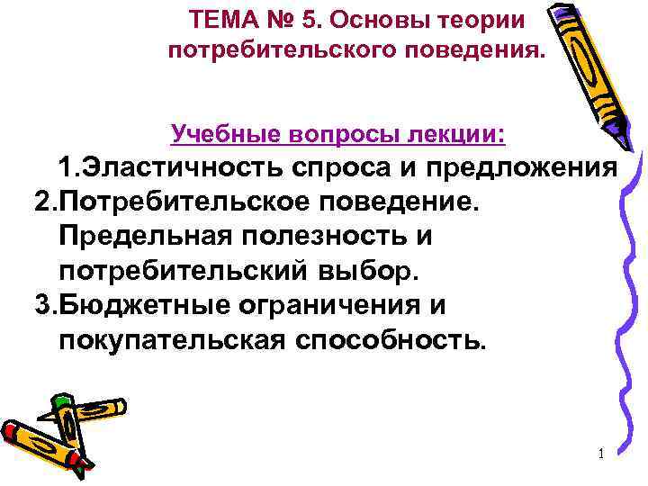 ТЕМА № 5. Основы теории потребительского поведения. Учебные вопросы лекции: 1. Эластичность спроса и