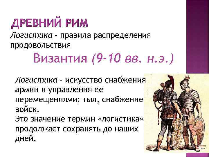 ДРЕВНИЙ РИМ Логистика - правила распределения продовольствия Византия (9 -10 вв. н. э. )