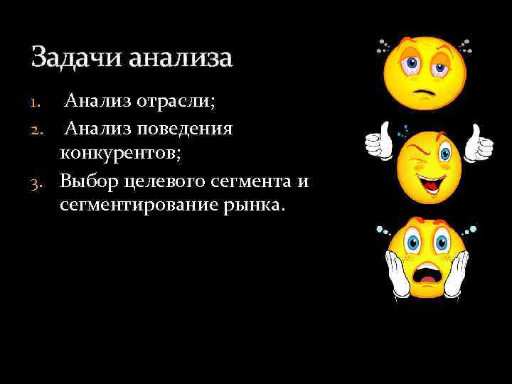 Задачи анализа Анализ отрасли; 2. Анализ поведения конкурентов; 3. Выбор целевого сегмента и сегментирование