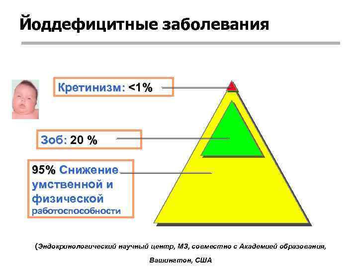 Йоддефицитные заболевания Кретинизм: <1% Зоб: 20 % 95% Снижение умственной и физической работоспособности (Эндокринологический