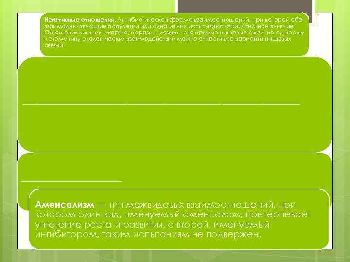 Негативные отношения. Антибиотическая форма взаимоотношений, при которой обе взаимодействующие популяции или одна из них