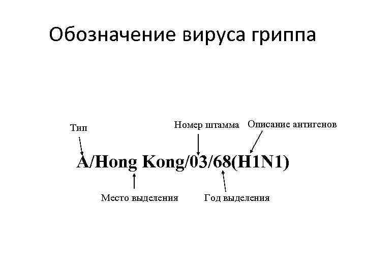 Обозначение вируса гриппа Тип Номер штамма Описание антигенов A/Hong Kong/03/68(H 1 N 1) Место