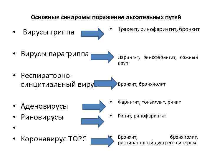 Основные синдромы поражения дыхательных путей • Вирусы гриппа • Трахеит, ринофарингит, бронхит • Вирусы