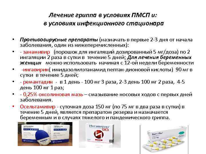 Лечение гриппа в условиях ПМСП и: в условиях инфекционного стационара • Противовирусные препараты (назначать