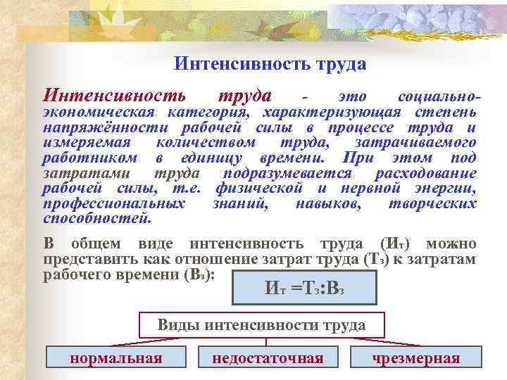 Интенсивность труда это социальноэкономическая категория, характеризующая степень напряжённости рабочей силы в процессе труда и