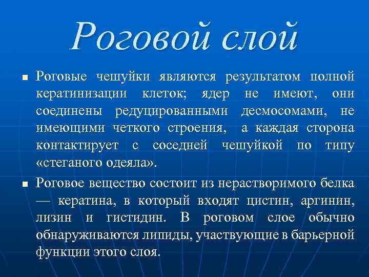  Роговой слой n Роговые чешуйки являются результатом полной кератинизации клеток; ядер не имеют,