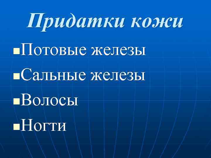  Придатки кожи n. Потовые железы n. Сальные железы n. Волосы n. Ногти 