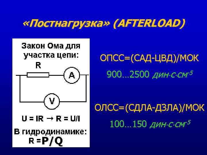  «Постнагрузка» (AFTERLOAD) ОПСС=(САД-ЦВД)/МОК 900… 2500 дин с см-5 ОЛСС=(СДЛА-ДЗЛА)/МОК 100… 150 дин с