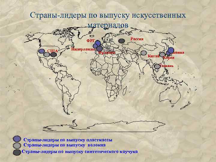 Страны-лидеры по выпуску искусственных материалов Россия ФРГ США Нидерланды Франция Япония Китай Корея Тайвань