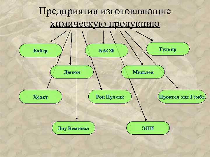 Предприятия изготовляющие химическую продукцию Байер Гудьир БАСФ Дюпон Хехст Мишлен Проктел энд Гембл Рон