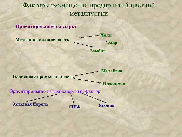 Факторы размещения предприятий цветной металлургии Ориентированно на сырьё Чили Медная промышленность Заир Замбия Малайзия