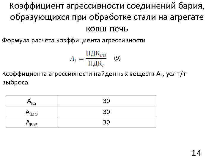 Коэффициент агрессивности соединений бария, образующихся при обработке стали на агрегате ковш-печь Формула расчета коэффициента