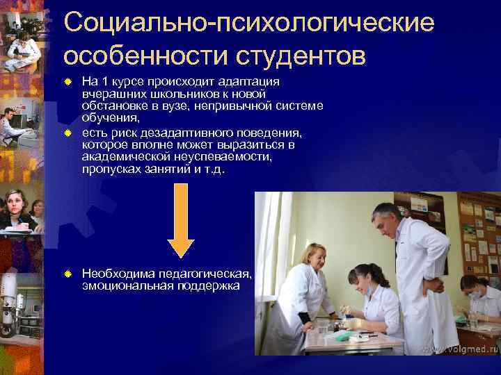 Социально-психологические особенности студентов На 1 курсе происходит адаптация вчерашних школьников к новой обстановке в