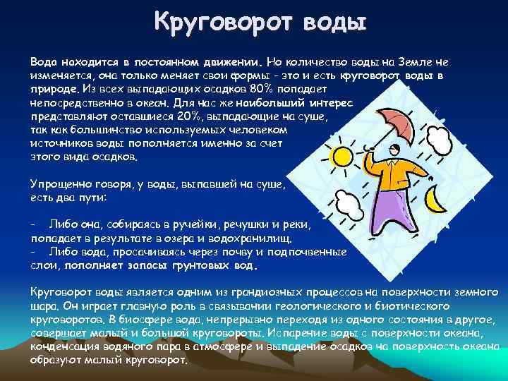 Круговорот воды Вода находится в постоянном движении. Но количество воды на Земле не изменяется,