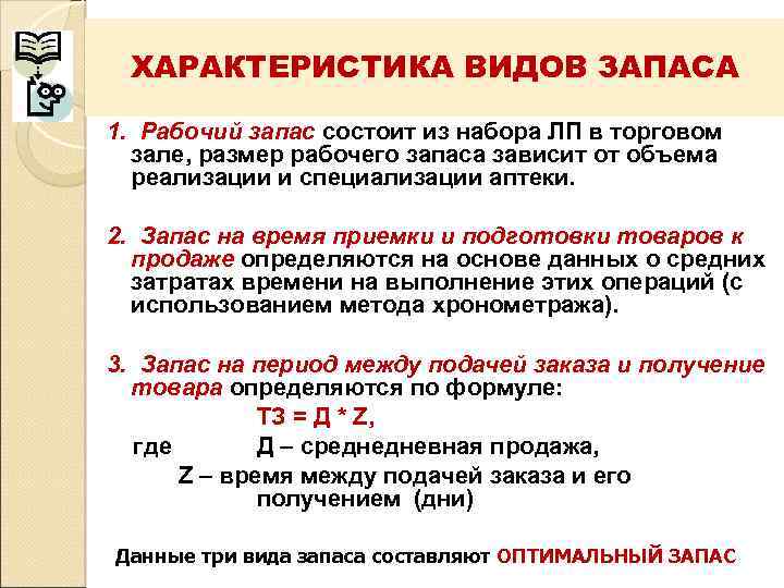  ХАРАКТЕРИСТИКА ВИДОВ ЗАПАСА 1. Рабочий запас состоит из набора ЛП в торговом 