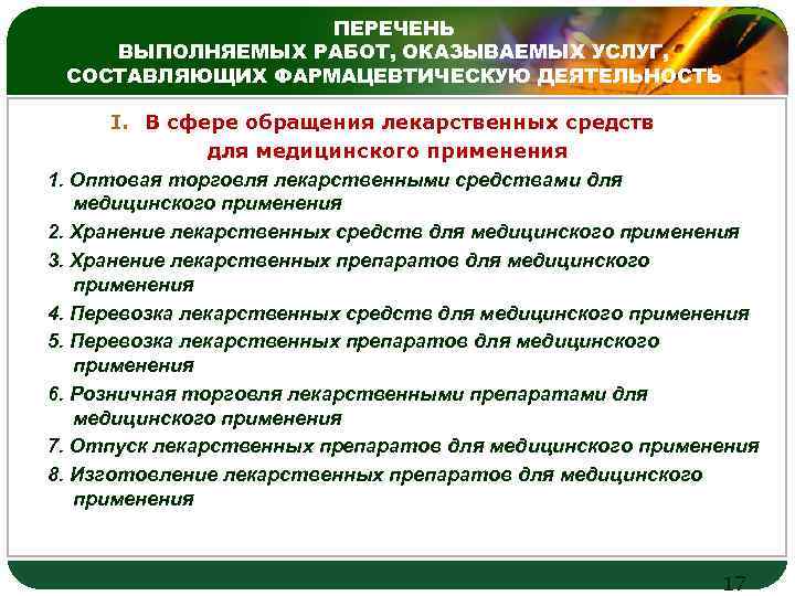 ПЕРЕЧЕНЬ LOGO ВЫПОЛНЯЕМЫХ РАБОТ, ОКАЗЫВАЕМЫХ УСЛУГ, СОСТАВЛЯЮЩИХ ФАРМАЦЕВТИЧЕСКУЮ ДЕЯТЕЛЬНОСТЬ I. В сфере обращения лекарственных