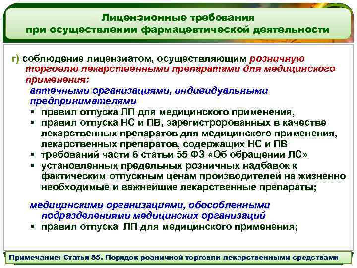 LOGO Лицензионные требования при осуществлении фармацевтической деятельности г) соблюдение лицензиатом, осуществляющим розничную г) торговлю