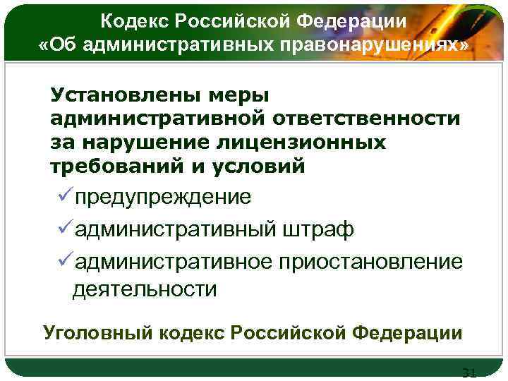 Кодекс Российской Федерации «Об административных правонарушениях» LOGO Установлены меры административной ответственности за нарушение лицензионных