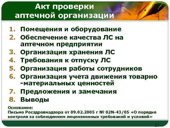 Акт проверки аптечной организации LOGO 1. Помещения и оборудование 2. Обеспечение качества ЛС на