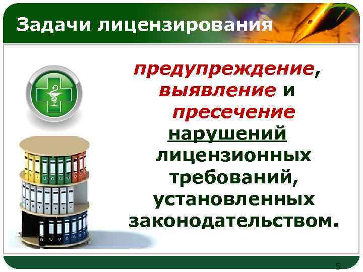 Задачи лицензирования LOGO предупреждение, выявление и пресечение нарушений лицензионных требований, установленных законодательством. 5 