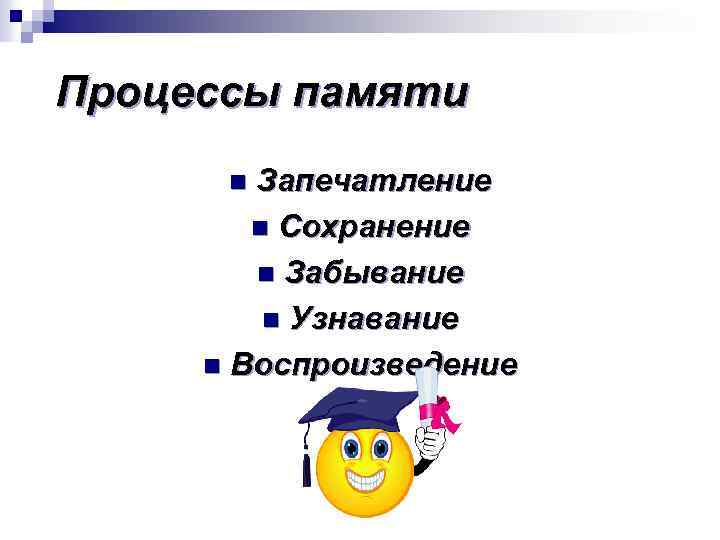 Процессы памяти Запечатление n Сохранение n Забывание n Узнавание n Воспроизведение n 
