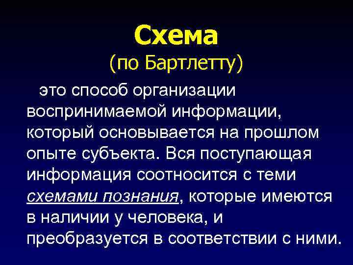 Схема (по Бартлетту) это способ организации воспринимаемой информации, который основывается на прошлом опыте субъекта.