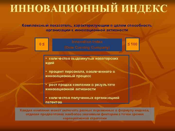 ИННОВАЦИОННЫЙ ИНДЕКС Комплексный показатель, характеризующим в целом способность организации к инновационной активности 0≤ Innovation