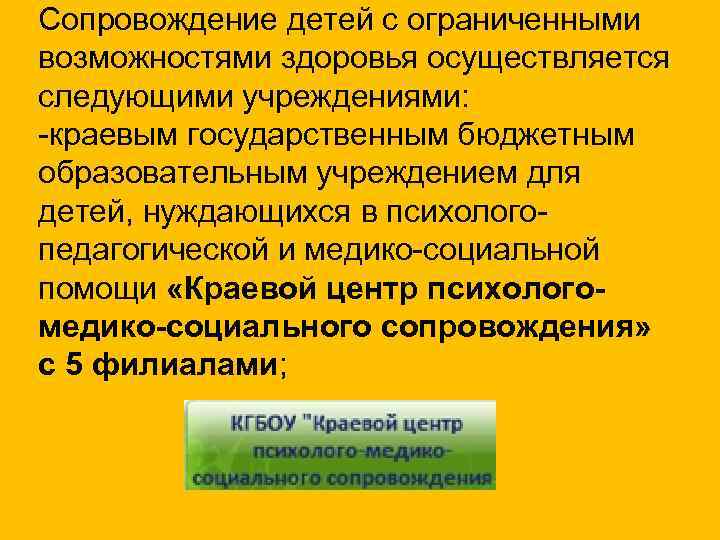 Сопровождение детей с ограниченными возможностями здоровья осуществляется следующими учреждениями: -краевым государственным бюджетным образовательным учреждением