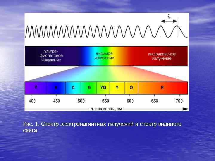 Рис. 1. Спектр электромагнитных излучений и спектр видимого света 