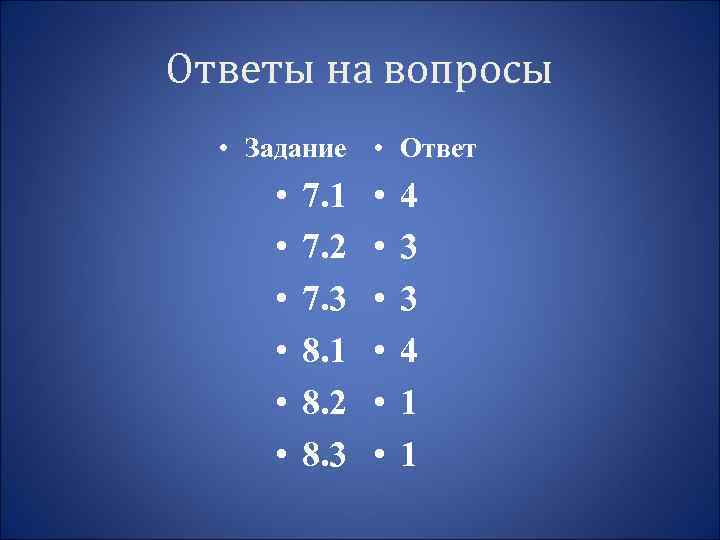 Ответы на вопросы • Задание • Ответ • • • 7. 1 7. 2
