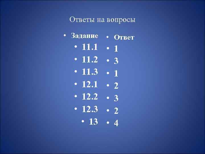 Ответы на вопросы • Задание • • • 11. 1 11. 2 11. 3