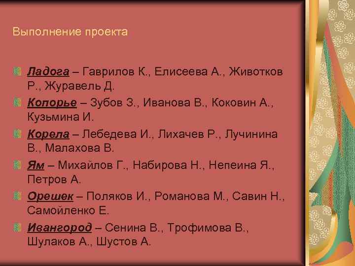 Выполнение проекта Ладога – Гаврилов К. , Елисеева А. , Животков Р. , Журавель