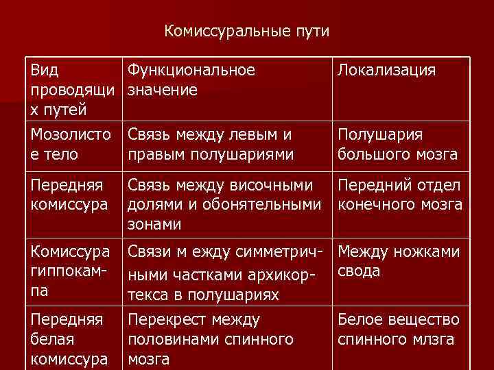 Комиссуральные пути Вид проводящи х путей Мозолисто е тело Функциональное значение Локализация Связь между