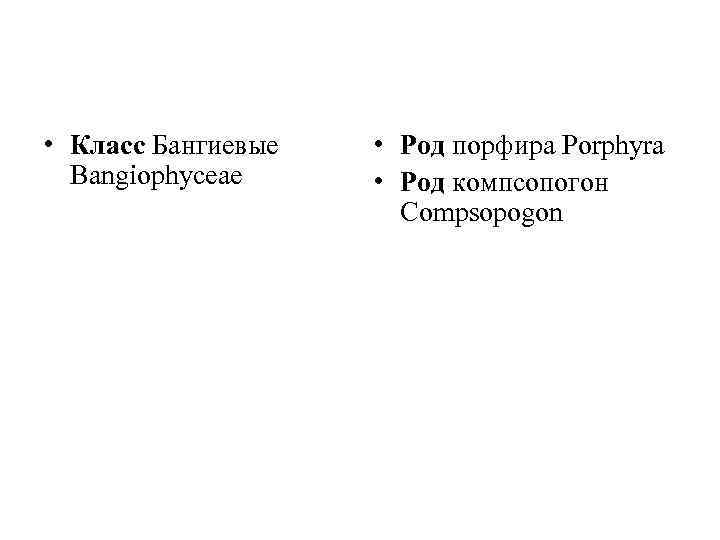  • Класс Бангиевые Bangiophyceae • Род порфира Porphyra • Род компсопогон Compsopogon 
