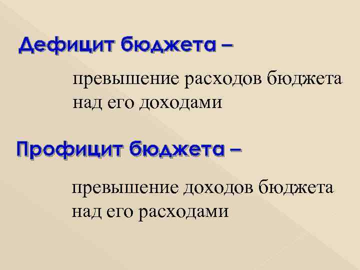 Дефицит бюджета – превышение расходов бюджета над его доходами Профицит бюджета – превышение доходов