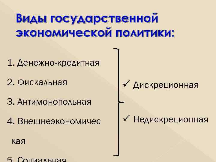  Виды государственной экономической политики: 1. Денежно-кредитная 2. Фискальная ü Дискреционная 3. Антимонопольная 4.