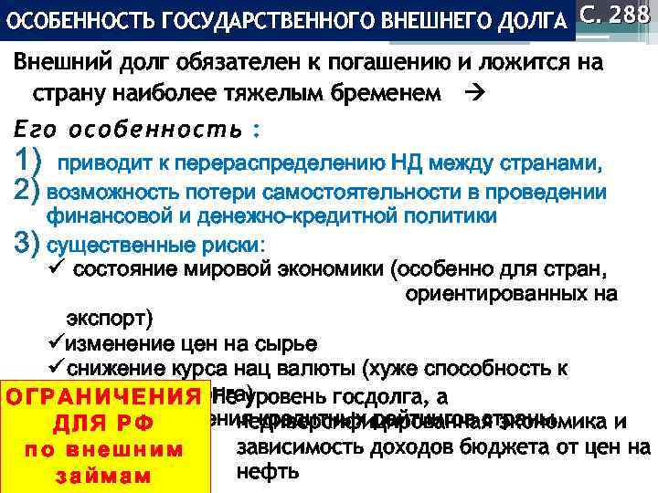 ОСОБЕННОСТЬ ГОСУДАРСТВЕННОГО ВНЕШНЕГО ДОЛГА С. 288 Внешний долг обязателен к погашению и ложится на