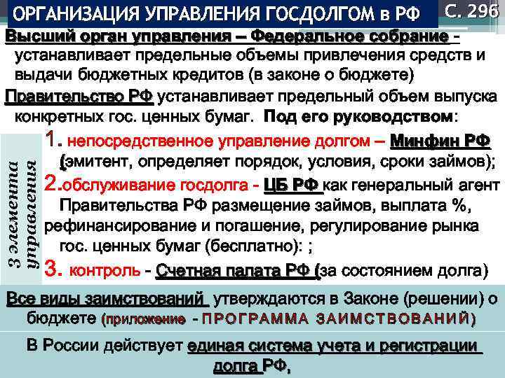 С. 296 Высший орган управления – Федеральное собрание устанавливает предельные объемы привлечения средств и