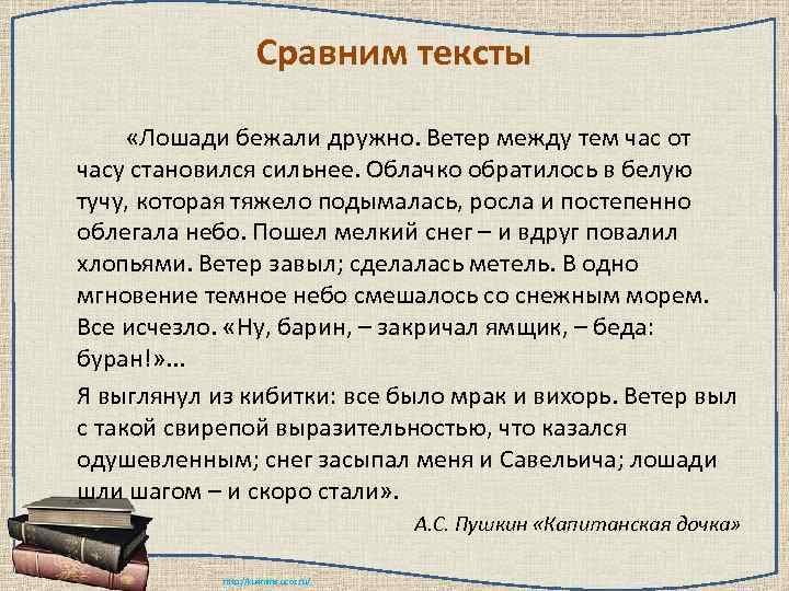 Сравним тексты «Лошади бежали дружно. Ветер между тем час от часу становился сильнее. Облачко