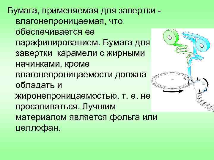 Бумага, применяемая для завертки влагонепроницаемая, что обеспечивается ее парафинированием. Бумага для завертки карамели с