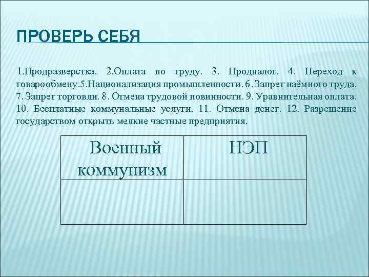 ПРОВЕРЬ СЕБЯ 1. Продразверстка. 2. Оплата по труду. 3. Продналог. 4. Переход к товарообмену.