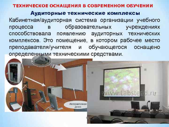 ТЕХНИЧЕСКОЕ ОСНАЩЕНИЯ В СОВРЕМЕННОМ ОБУЧЕНИИ Аудиторные технические комплексы Кабинетная/аудиторная система организации учебного процесса в