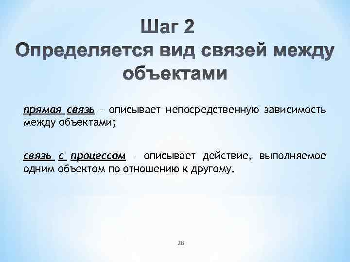 прямая связь – описывает непосредственную зависимость между объектами; связь с процессом – описывает действие,
