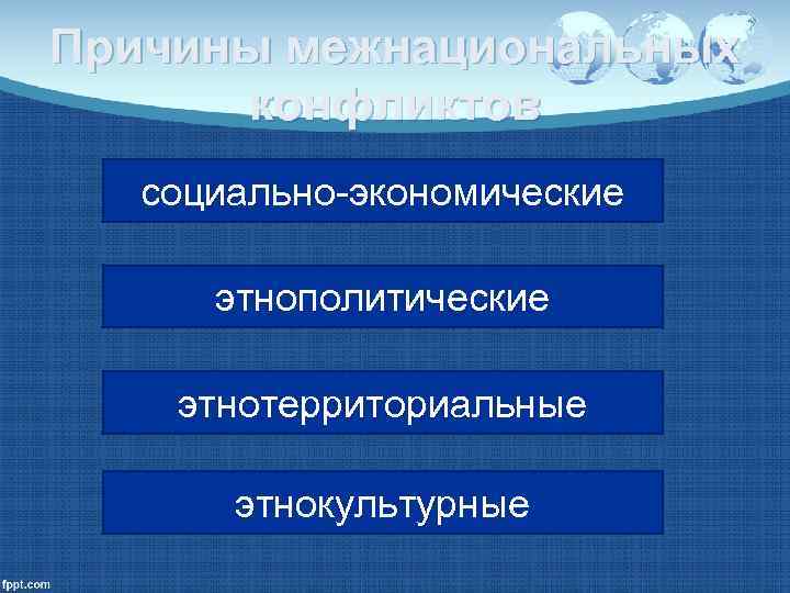 Причины межнациональных  конфликтов  социально-экономические  этнополитические этнотерриториальные   этнокультурные 