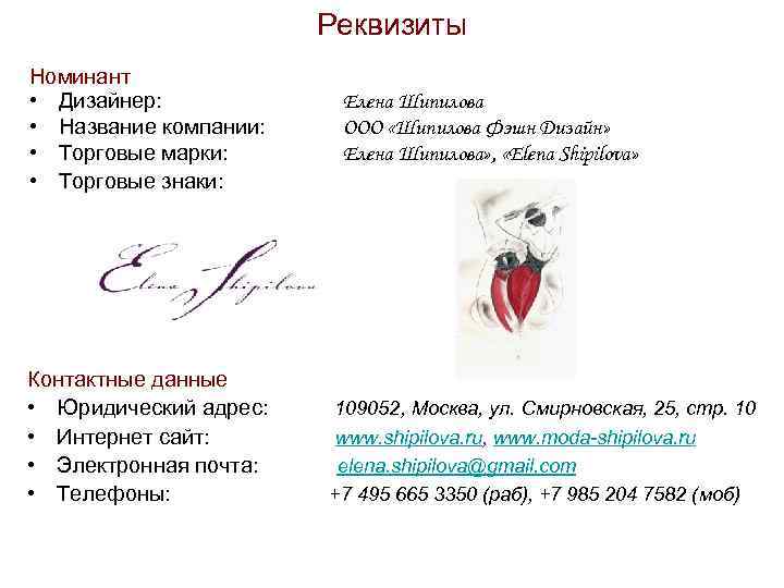Реквизиты Номинант • Дизайнер: • Название компании: • Торговые марки: • Торговые знаки: Контактные