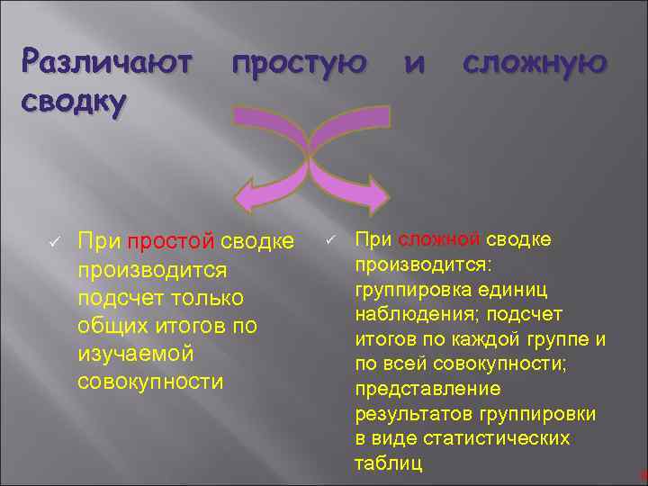 Различают сводку ü простую При простой сводке производится подсчет только общих итогов по изучаемой